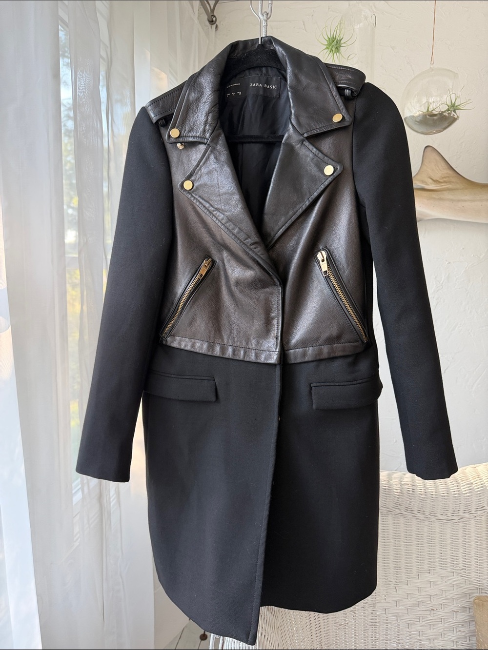 Zara Black Mixed-Media Leather Moto Trench Coat